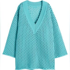 H&M Aqua Blue Open Knit Plunge Neck Oversize Stretch Tunic Coverup Dress LGE